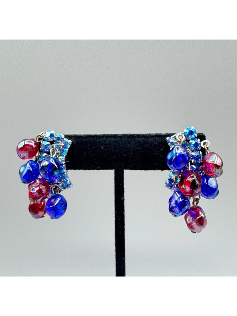 Vintage Glass Cha Cha Bead Earrings Clip On AB Glass Rhinestone Prong Set 1.5" - Picture 2 of 9